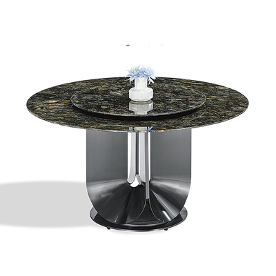 Round Sintered Stone Tabletop Black Color Stainless Steel Dining Table With Turntable