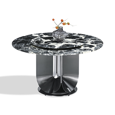 Round Sintered Stone Tabletop Black Color Stainless Steel Dining Table With Turntable