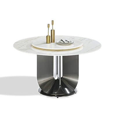 Round Sintered Stone Tabletop Black Color Stainless Steel Dining Table With Turntable